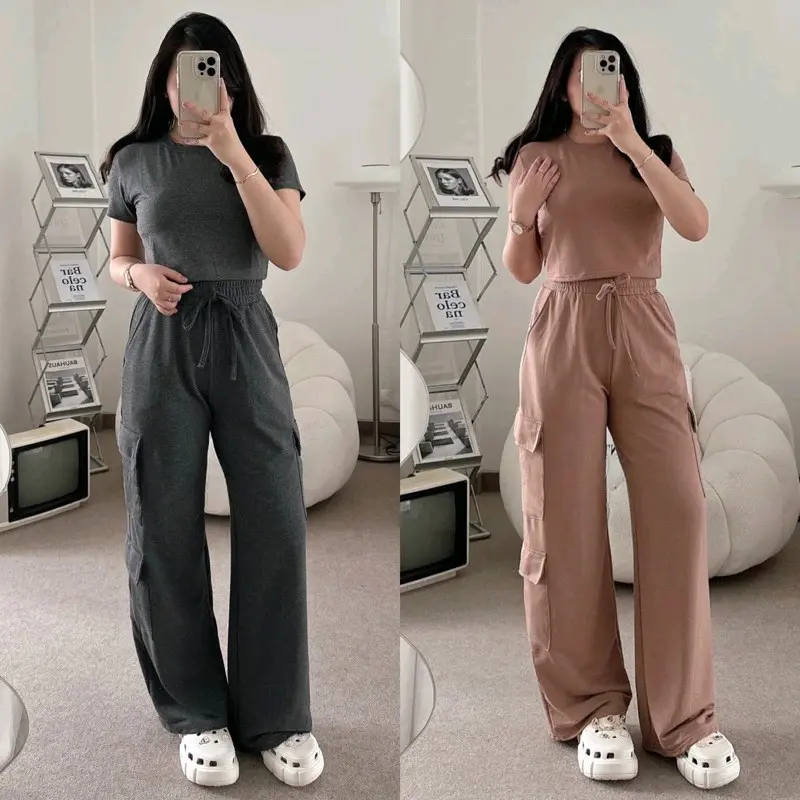 Setelan Wanita Crop Top Premium - Oneset Wanita Celana Kulot Cargo Pants One Set Babyterry - Oneset Terbaru Kekinian Polos Lengan pendek Panjang