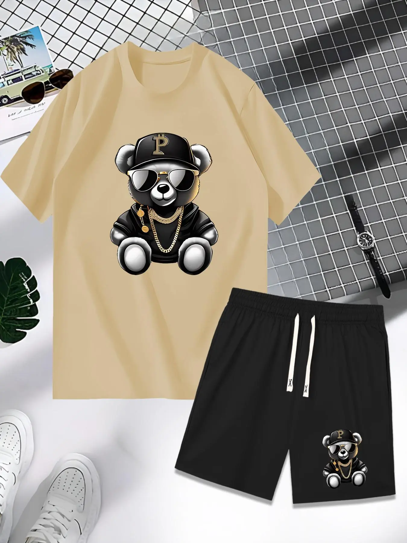 Men's Cartoon Bear Print Short Sleeve Tee & Shorts Two-Piece Set, Regular Fit Casual Fashion Cozy Round Neck T-shirt & Shorts for Daily Outdoor Wear, Men's Clothing for Summer