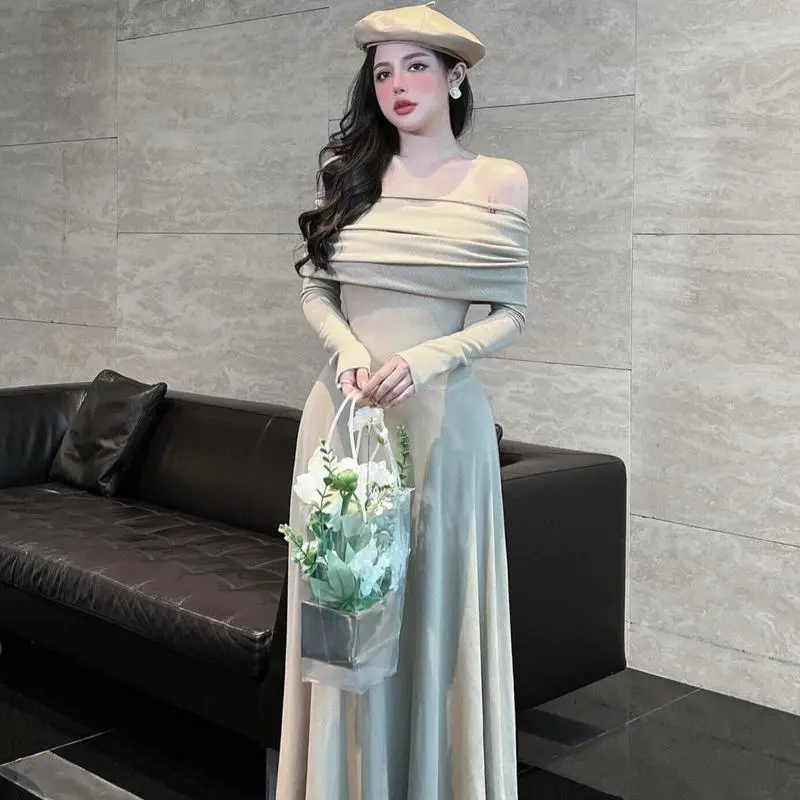 056 Váy tăm dáng dài xòe bệt vai sang chảnh siêu xinh 6