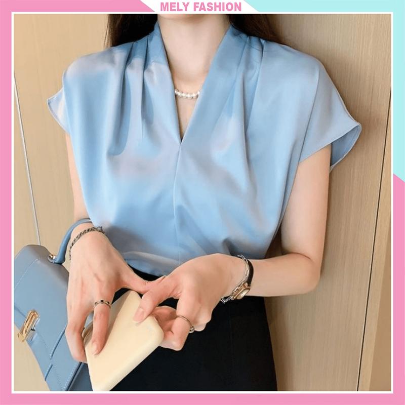 Áo sơ mi nữ công sở cộc tay hến cổ V xếp ly vai dáng rộng chất lụa ngọc trai mềm mát phong cách hàn quốc nhiều màu ASM36