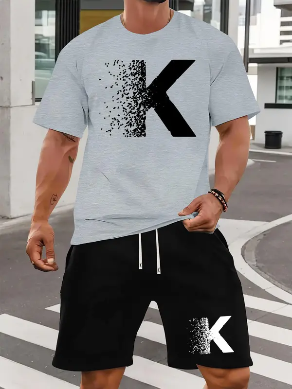 Two-piece Set Men's Letter Print Short Sleeve Tee & Shorts Set, Regular Fit Casual Round Neck T-shirt & Track Shorts, Summer Clothes Set for Men 8