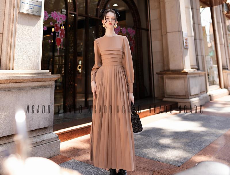 Đầm nâu xếp ly dài tay NGADO, Đầm thiết kế, váy thiết kế