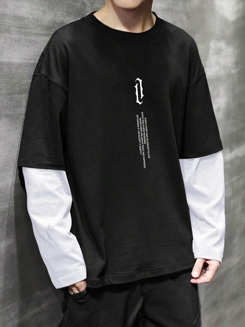 Product Introduction of Men's 2-IN-1 Colorblock Letter Print Drop Shoulder Tee, Casual Regular Fit Round Neck Long Sleeve T-Shirt for Spring & Fall, Menswear for Daily Wear 6