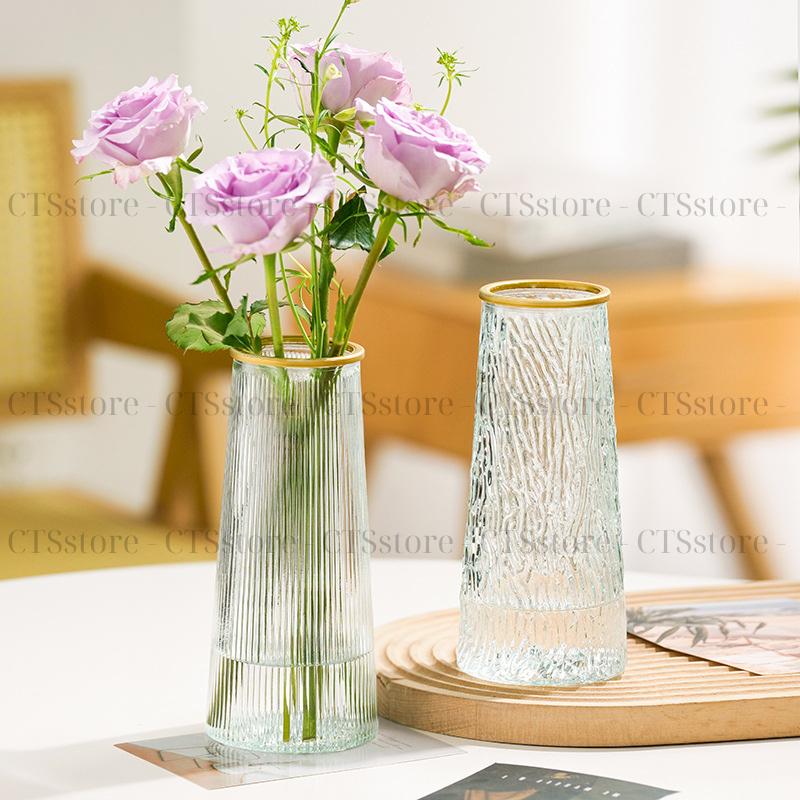 Lọ hoa thủy tinh vân sọc sang trọng CTSstore  - Cao 21.5cm | Miệng 7cm | Thủy tinh dày viền mạ vàng 4