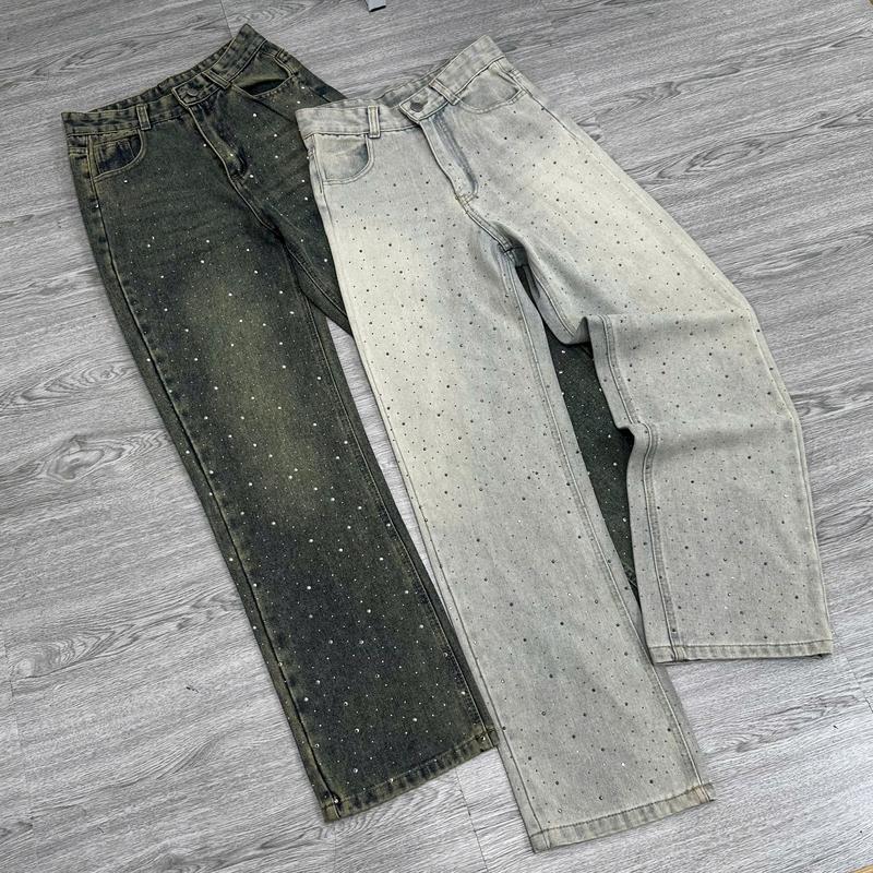  Quần jean nữ ống suông cạp cao đính full đá chất dày mịn washi màu xanh khói retro QCCC2688 Hottrend 2025 Women Pants Denim Có Túi 