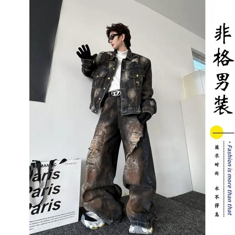 Quần Dài Jean Ống Rộng, Wash Dirtyfit Bẩn Nặng, Thiết Kế Đặc Biệt Làm Cũ, Đất Thải Rách, Quần Dài Cổ Điển Đẹp Trai