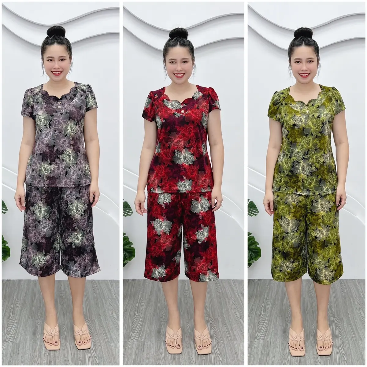 S48 Đồ bộ thun aty mỹ dày dặn, co giãn 4c, quần lững ống rộng, tay con sz 50-85kg Top Nữ