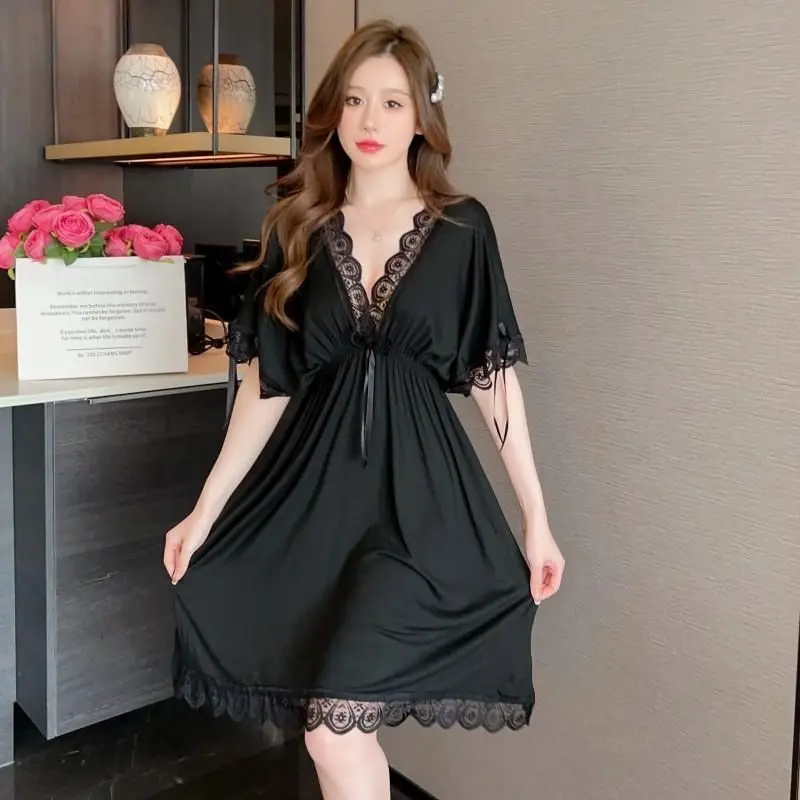 Váy Ngủ Lưới Dài Trung Bình Cho Phụ Nữ, Cô Gái Đầy Đặn Ngoại Cỡ, Ren Gợi Cảm, Cổ Chữ V, Thiết Kế Chắp Vá, Hở Lưng, ngắn Tay Áo, Dáng Rộng Vừa Vặn Dress Women Đầm Ngủ Khuy