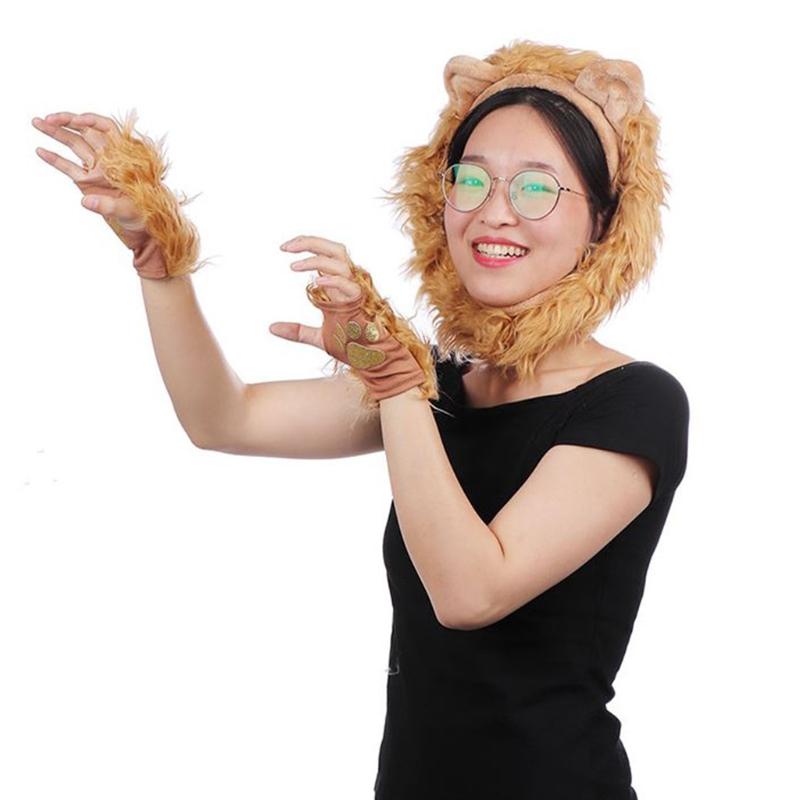 SAN3 Halloween Costume Lion Plush Ears Headband Tail and Paws Kit Lion Fingerless Costume for Adults Kids Halloween Decor 2