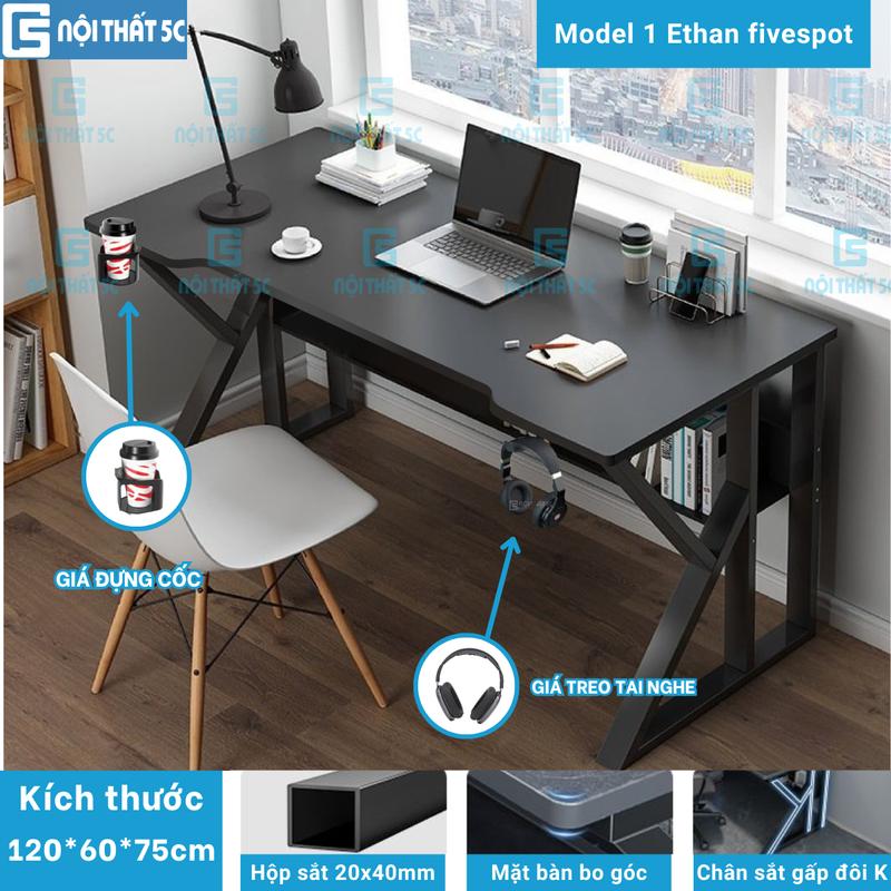 Bàn gaming, bàn làm việc Nội Thất 5C-Model 1 Ethan plus có kệ lửng mặt gỗ MDF dày 15mm kèm 2 lỗ đi dây điện tiện lợi, kèm phụ kiện giá đựng cốc và giá treo tai nghe chân sắt 20x40mm dày dặn
