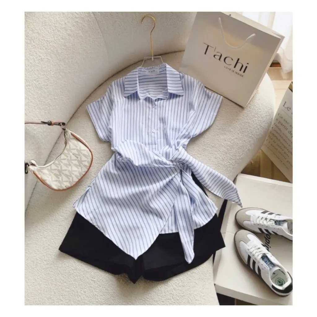 Bộ Áo Sơ Mi Sọc Xanh Nút Gài Thắt Nơ Cách Điệu Cột Dây Bên Hông + Quần Short Kaki Đen Freesize 40-55k Kem Cho Nữ ốp lưng da màu neon hồng tối giản 【 một mảnh 】 áo xanh lá hàn quốc có thể giặt máy đỏ + blue set