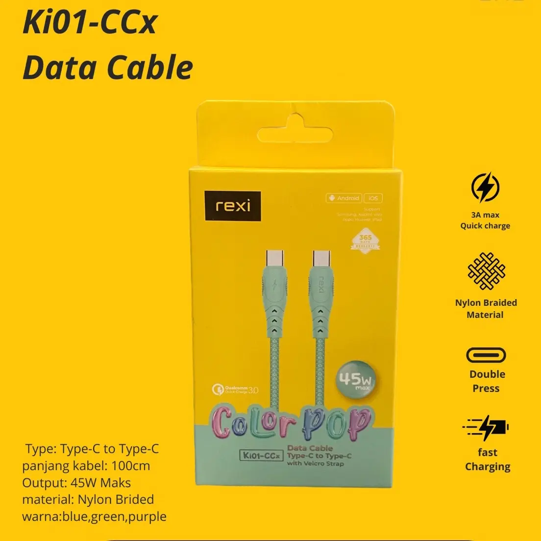 Ki01-CCx Data cable type-C to type-C Hijau Panjang
