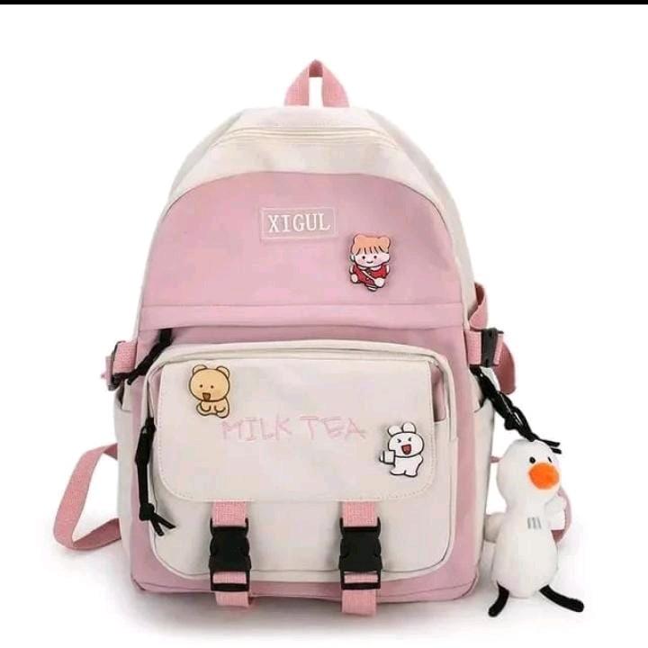 Tas Ransel Sekolah Milk Tea/Karakter Kanvas Backpack Wanita 1