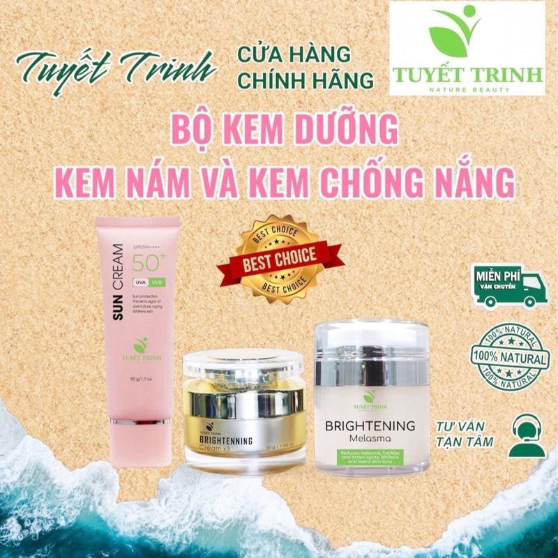 [ Bộ 3 món ] Bộ kem nám và kem chống nắng. Kem nám Brightening Melasma 30g, Kem dưỡng Brightening Cream x3 30g. Kem chống nắng Sun Cream 50g - Chăm Sóc Và Làm Đẹp Da