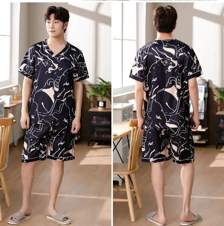 Product Introduction of Men's Pajamas Summer Fashion V-Neck Thin Ice Silk Short-Sleeved Shorts Nightie Two Piece 2024 New Boys Casual Sleepwear Nightie 19