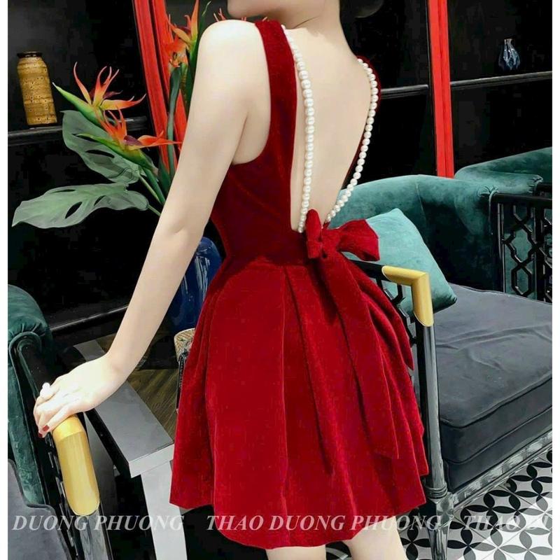 Đầm váy nữ dáng xòe tiểu thư 2 màu dễ thương họa tiết xòe nơ lưng đính cườm ( có mút ngực ) xinh xắn dự tiệc