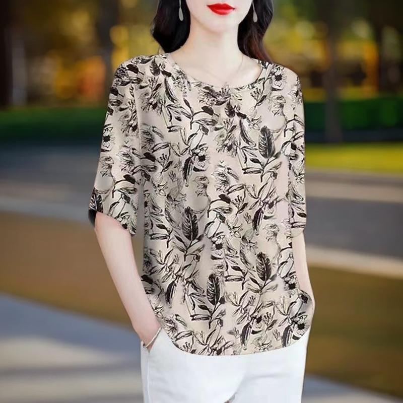 Áo Thun In Hình, Cổ Tròn, Tay Lửng, Dành Cho Mẹ TRUNG NIÊN, Nữ Mùa Hè, Ngoại Cỡ, Dáng Rộng, Che Bụng, Áo Phong Cách Phương Tây, Áo Sơ Mi Nhỏ Top Women Shirt 8