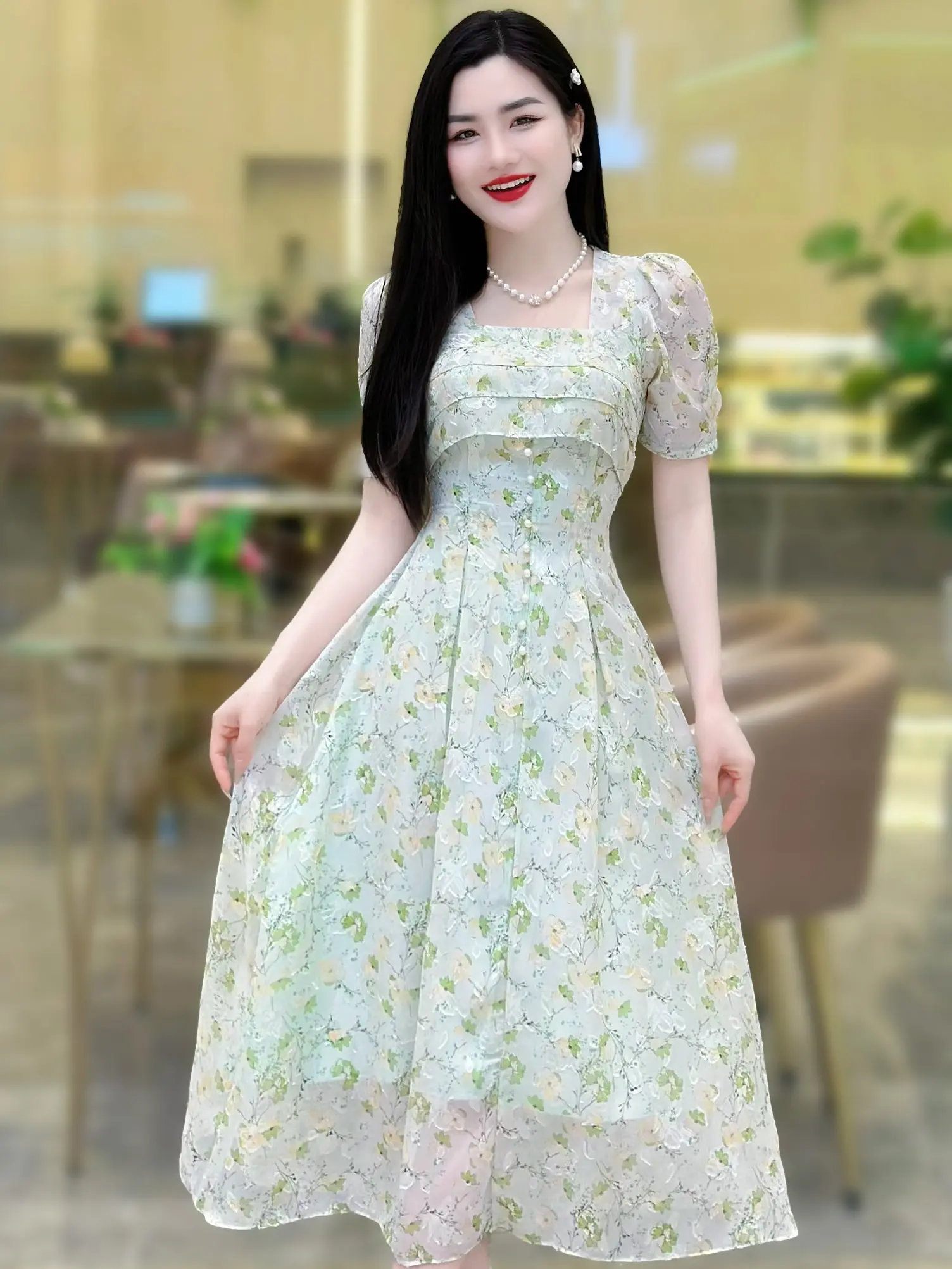 [MIỄN SHIP] MDU3028 Váy Tơ Hàn 2 Lớp - Thiết Kế Hoa Tinh Xảo Kiêu Sa Dành Cho Nữ  Women Dress Kem Voan