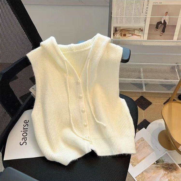 Áo Ghi Lê Cardigan Không Tay Có Mũ Trùm Đầu, Thiết Kế Ngắn, Hàng Mới Về, Áo Ghi Lê Dệt Kim, Áo Vest Dáng Rộng, Áo Khoác Len, Quần Áo Nữ, Năm 2024 0