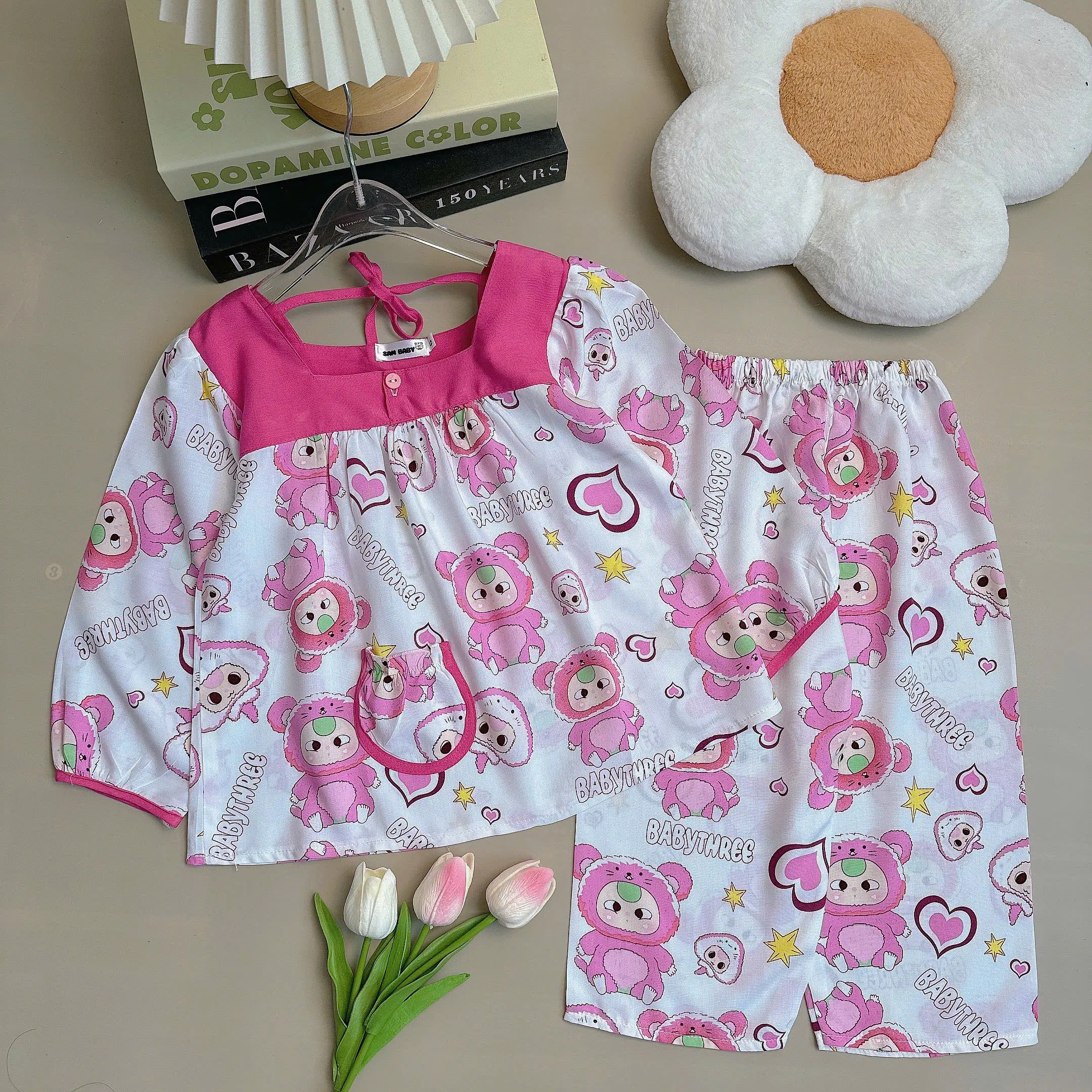 Bộ tole tay dài quần dài cổ vuông phối màu cho bé từ 9-40kg