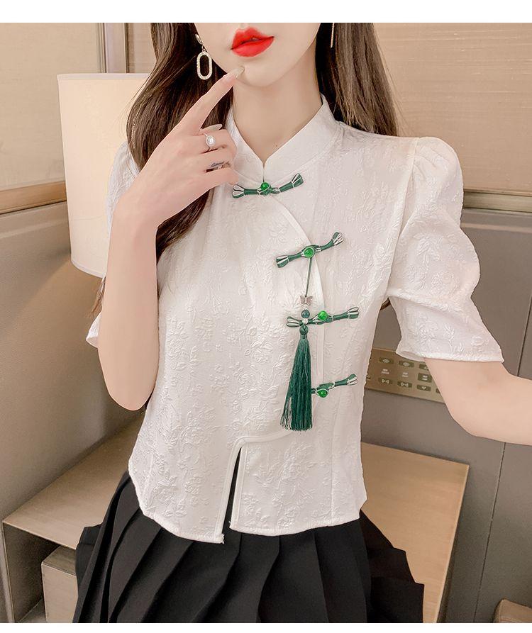 Product Introduction of Áo Sơ Mi Phong Cách Trung Quốc Hàng Mới Về, ngắn Tay Nữ, Bộ Sưu Tập Mùa Hè 2023, Thiết Kế Đẹp, Tay Phồng Độc Đáo Áo Có Nút Thắt Nút Trung Quốc Bất Đối Xứng 19