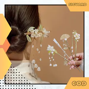 SIGVARDSTORE Tusuk Konde Rambut Korea Panjang Sanggul Jepit Rambut Bunga Rumbai Bahan Metal MHT10