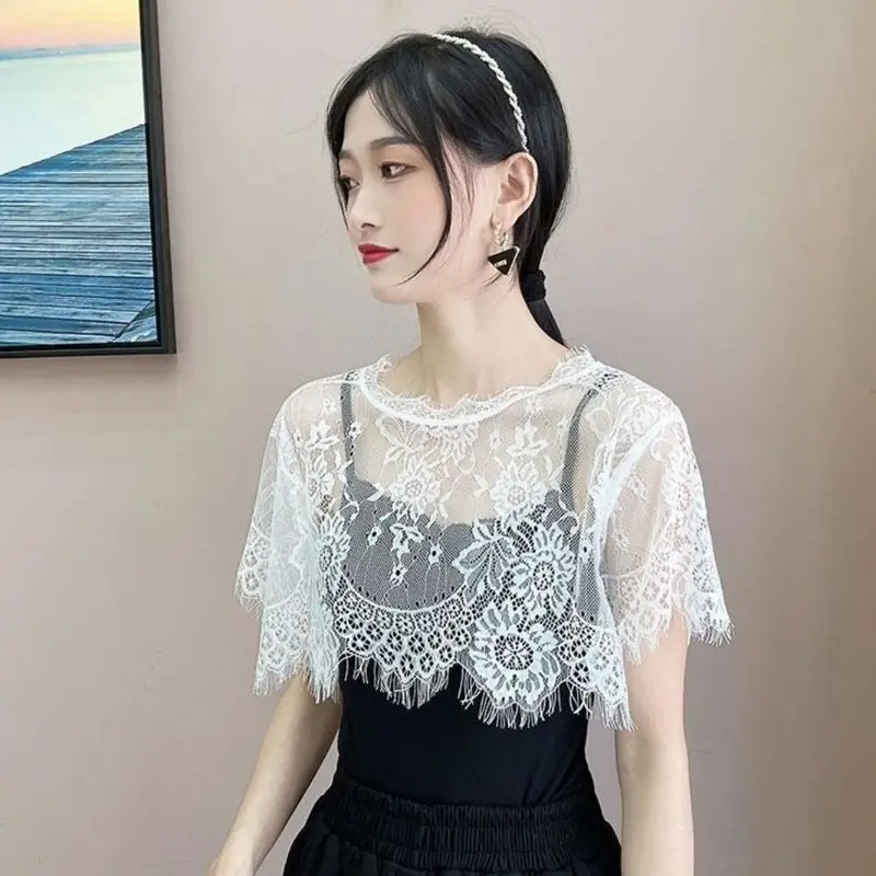 Khăn choàng ren, dành cho nữ, trắng và đen, khoét rỗng, cổ áo giả, thích hợp cho mùa xuân và mùa thu, áo choàng 6