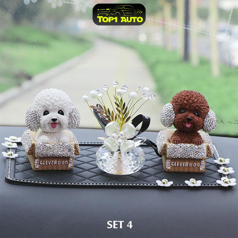  Trang trí taplo ô tô chú cún Clever Dog đầu lắc lư gắn pha lê dễ thương sang chảnh trang trí bàn học trang trí xe hơi Nội Thất 