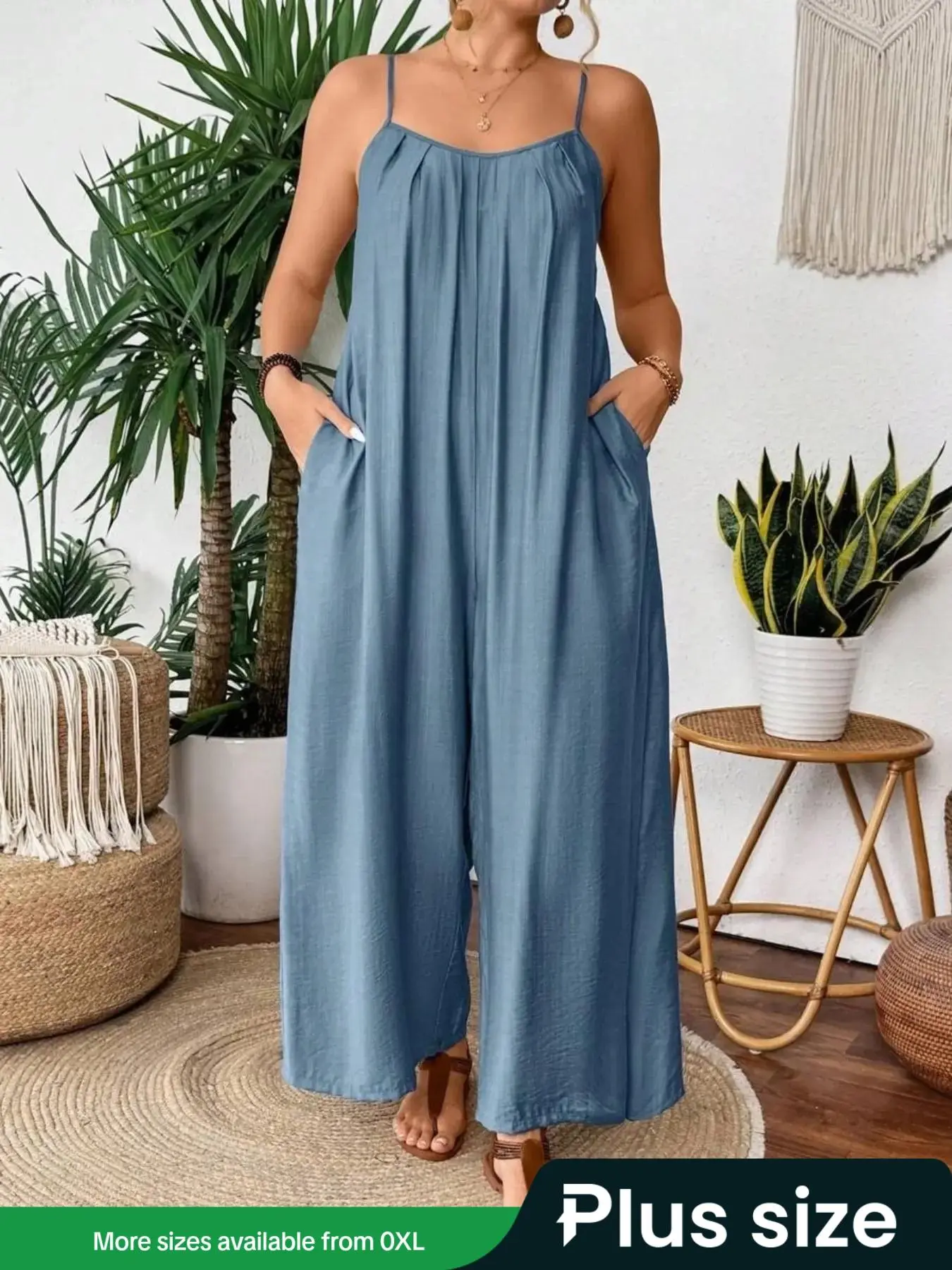 【Plus Size】 Solid Color Cami Jumpsuit, Casual Comfy Jumpsuit for Daily Wear, Women's Plus Clothing for All Seasons