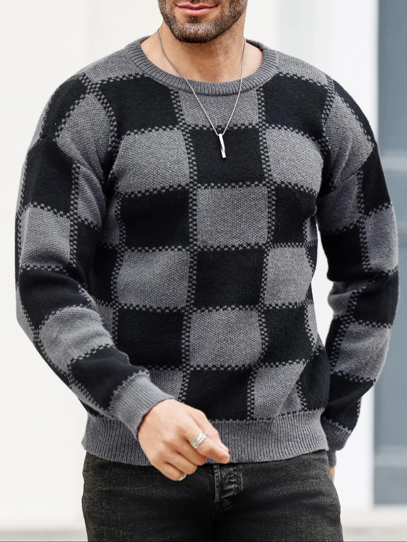 Men's Checkerboard Print Drop Shoulder Sweater, Regular Fit Casual Long Sleeve Round Neck Jumper for Fall & Winter, Fashion Men's Knitwear for Daily Wear