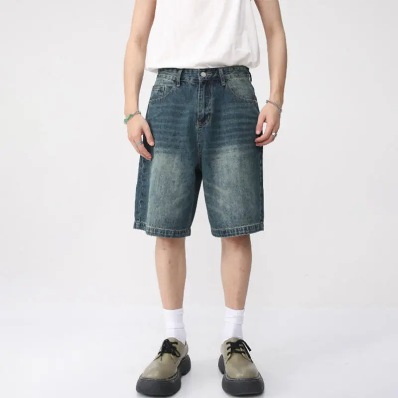 Wide Baggy Denim Shorts Men Summer Thin Solid Color Casual Loose Knee-length Pants Male Jeans Shorts Streetwear Menswear Lingerie Trouser Pocket Beige Plain