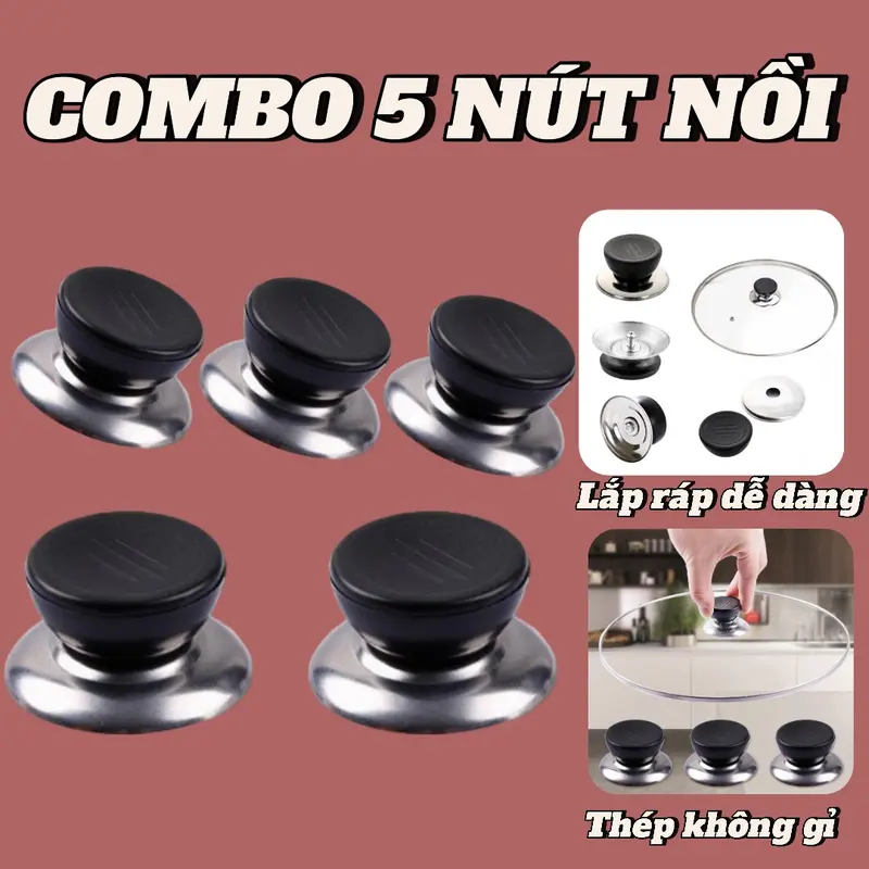Combo 5 Nút Nồi Chất Liệu Bằng Thép Không Gỉ, Núm Vung Nồi Thay Thế Có Tay Cầm Bằng Thép Không Gỉ 0