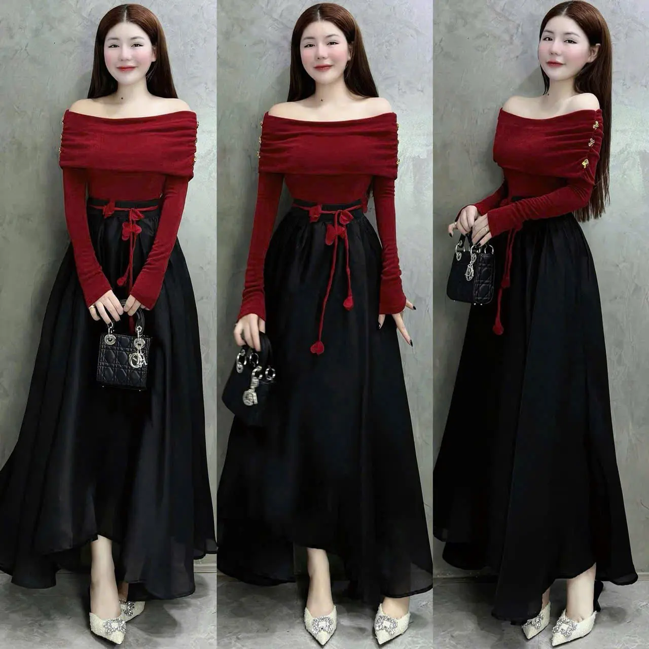 set áo tăm lạnh trể vai phối váy tơ 2 lớp kèm dây hoa dành cho các nàng đi chơi đi tiệc đi du lịch điều dể thương