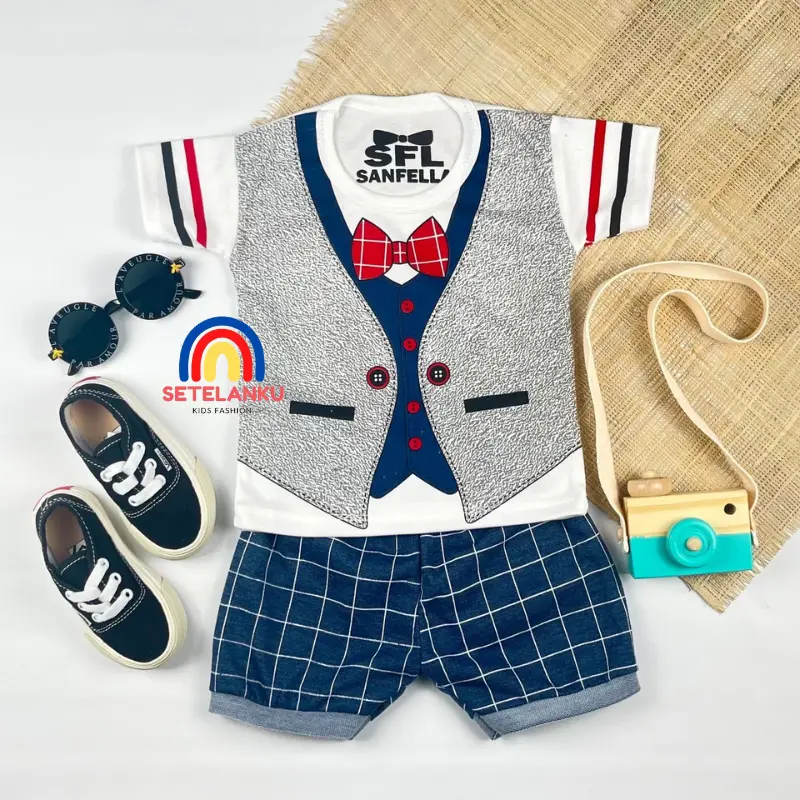 {COD} Setelan Bayi Laki 0-12bulan Cotton Gambar Rompi Tuxedo Abu Jas Anak Denim Boy Parsel  Cowok Denim Boy
