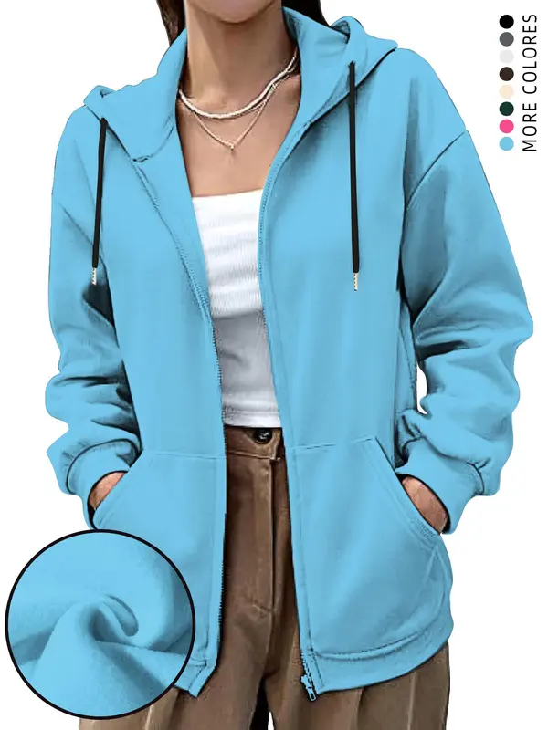 Women's Plain  Zip Up Drawstring Pocket Hoodie, Casual Long Sleeve Hooded Sweatshirt for Fall & Winter, Women's Clothes for Daily Wear 6