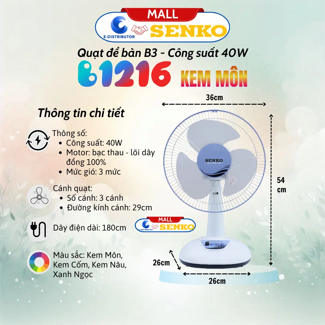 [HOẢ TỐC] Quạt để bàn Senko B1216, 3 tốc độ gió, 100% đồng, 40W, 29cm đường kính cánh
