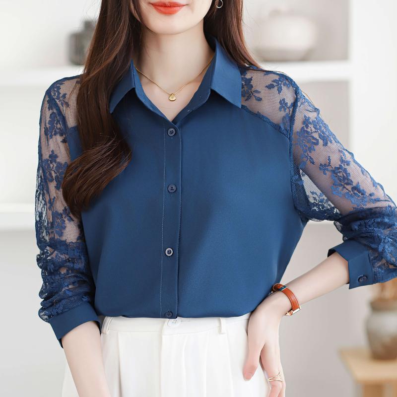 Product Introduction of Áo Cánh Voan Ren Ve Áo, Dòng Màu Xanh Dương, Dành Cho Nữ, Áo Cardigan Dài Tay, Ngoại Cỡ, Không Cần Ủi 6