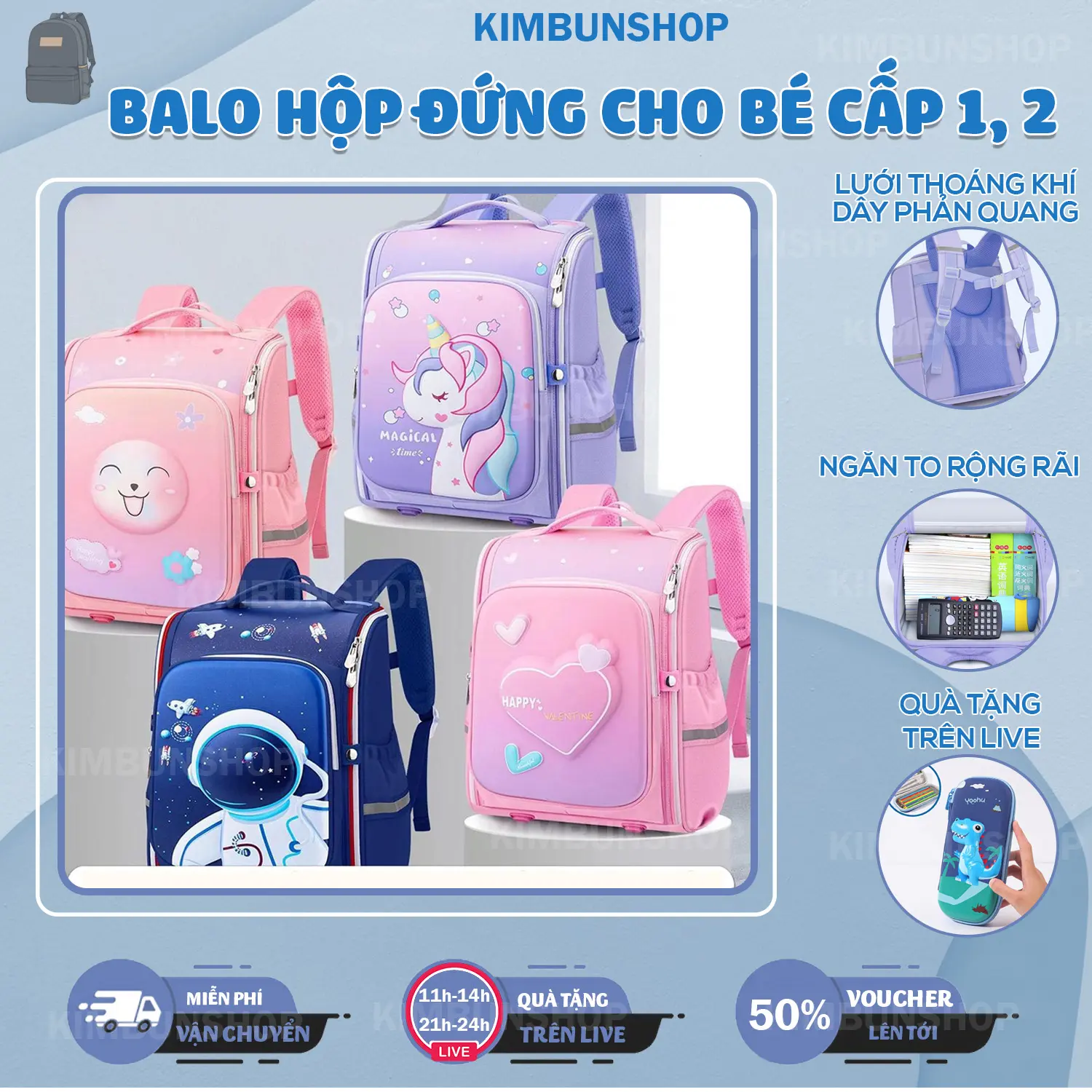 Balo siêu nhẹ, chống gù, chống thấm nước cho bé tiểu học lớp 1-3 - Kimbunshop18