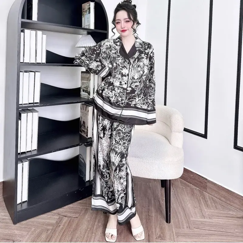 Đồ Bộ Pijama Bigsize,Vest Rừng Đen, FROM RỘNG Lụa Latin Tơ Tằm quần dài 95cm 4