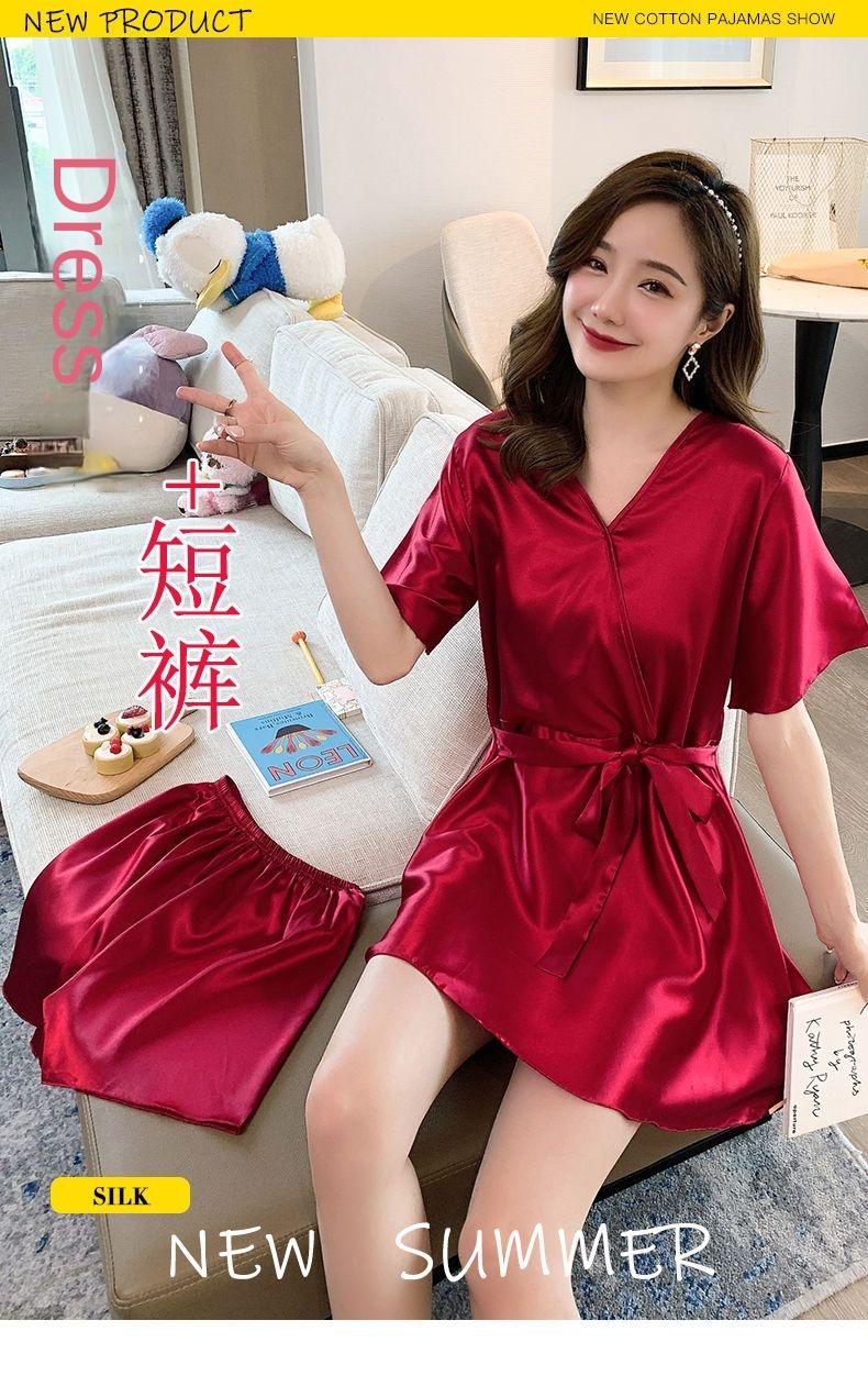 Product Introduction of Pajama women's summer short sleeved two-piece set, ice silk sweet Japanese style can be worn outside, spring and autumn home clothes, summer imitation silk Nightwear Womenswear Lingerie Loungewear Homewear Pjs Basic Minimalist 8