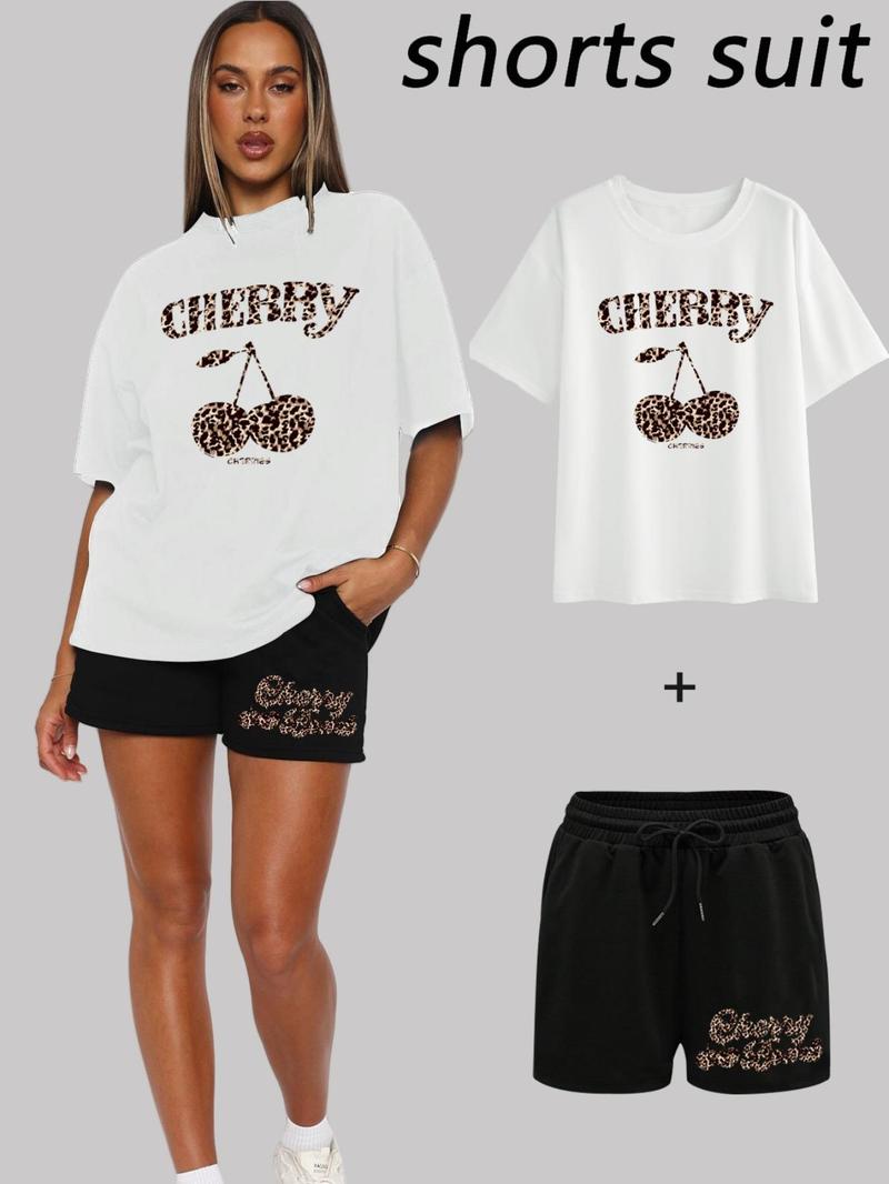 Product Introduction of Women's Cherry Print Short Sleeve T-shirt & Drawstring Waist Shorts Two-piece Set, Casual Fashion Cozy Tee & Shorts for Daily Outdoor Wear, Ladies Summer Clothes, Womenswear 6