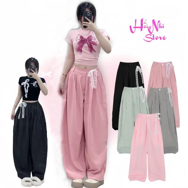 Quần Dài Harem Kẻ Sọc Striped Pants Tặng Dây Ren Chun Thun Sau Cạp Cao Dáng Rộng 80kg Trở Lại - MM Hồng Nhi Store's