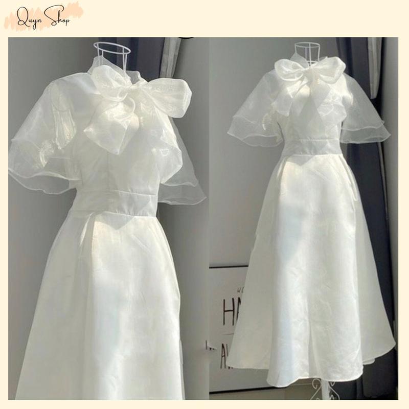 Đầm Công Chúa Tay Bánh Bèo Màu Trắng Nơ Cổ , Phong Cách Tiểu Thư Sang Chảnh, QUYN.002 Nữ Voan Women váy