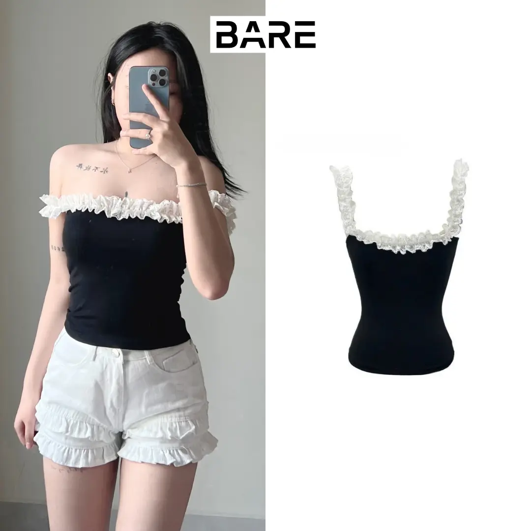 BARE.Y2K_Áo Croptop Trễ Vai Tay Bèo Ôm Body, Áo Hai Dây Phối Ren Dễ Thương Cho Nữ_ A350 Women Voi