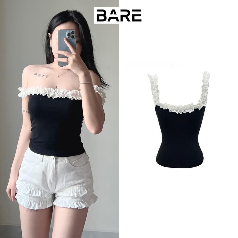 BARE.Y2K_Áo Croptop Trễ Vai Tay Bèo Ôm Body, Áo Hai Dây Phối Ren Dễ Thương Cho Nữ_ A350 Women Voi Dáng Ngắn