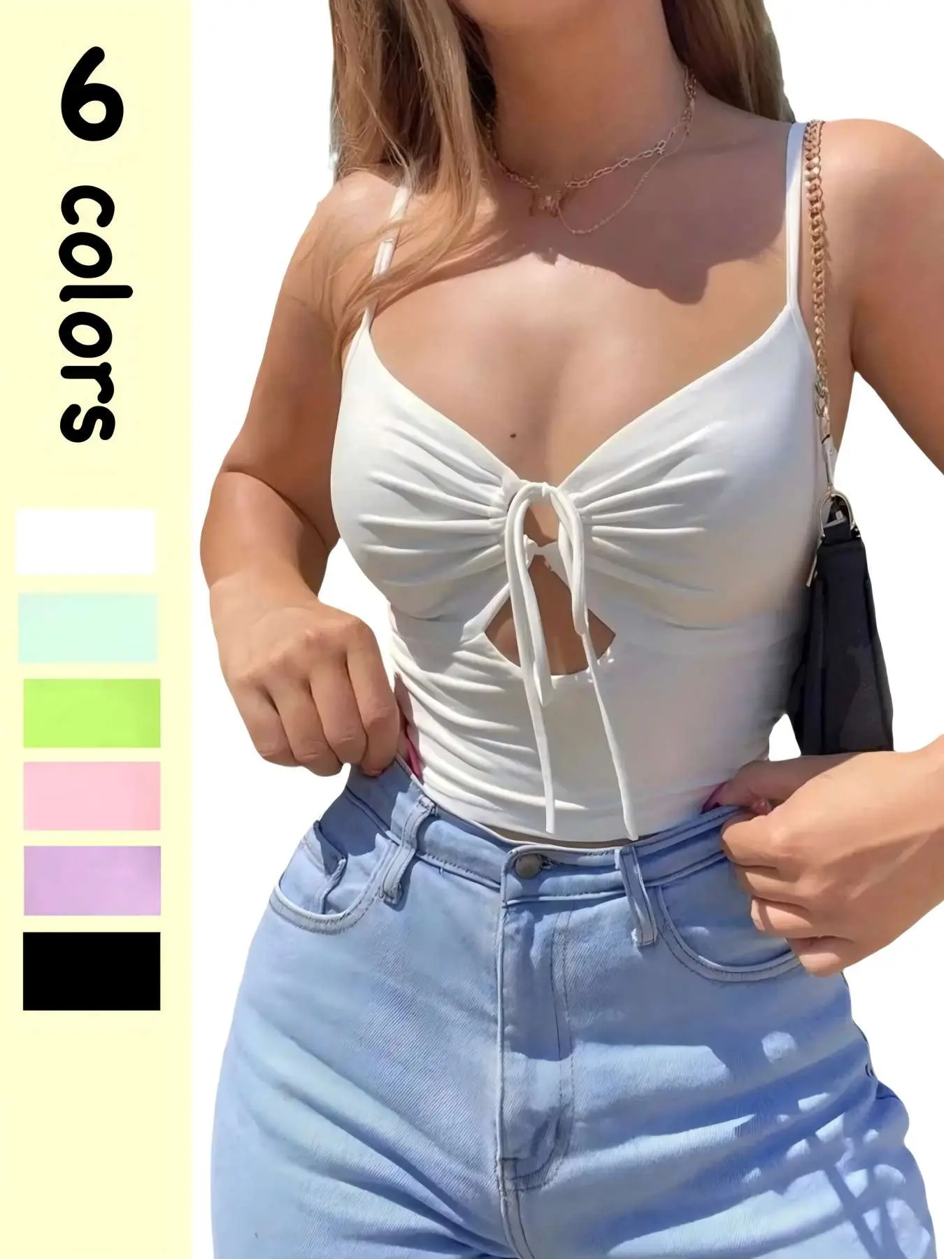 Women's Cut Out Ruched Crop Cami Top, Casual Solid Drawstring Cropped Top for Summer, Fashion Women's Spaghetti Strap Top for Daily Wear, Minimalist Womenswear Valentine's Day, Gift
