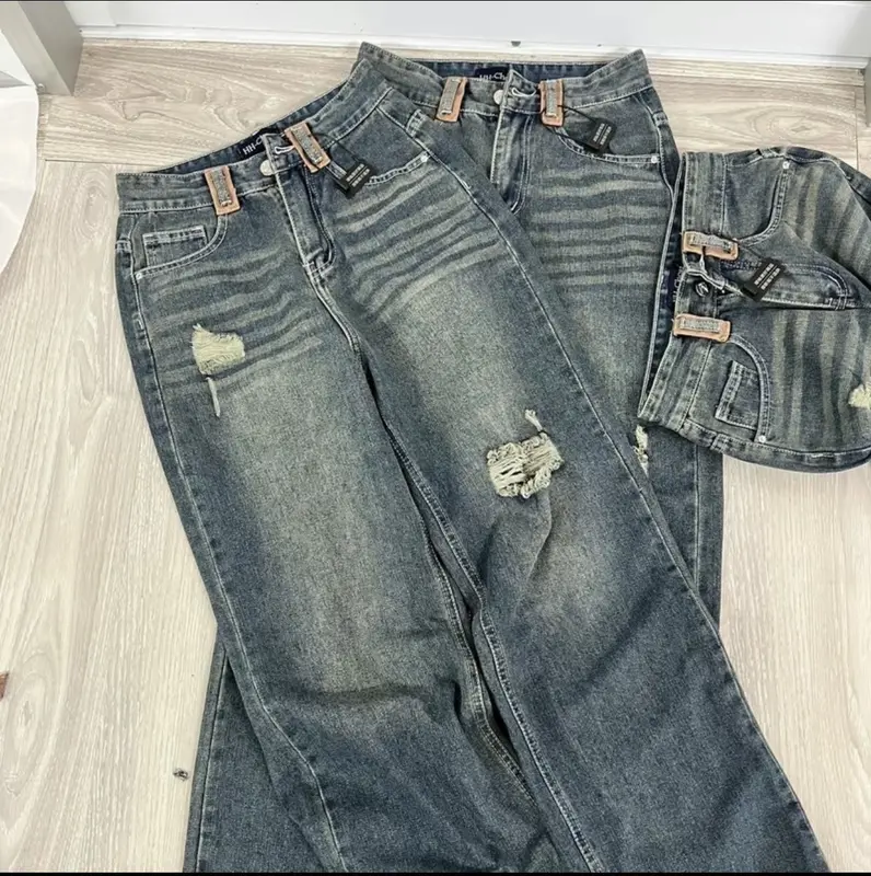 (S-2XL) Quần Jean Suông Phối Đai Eo Dài 103cm và 95cm J143 Khuy Women Pants 4