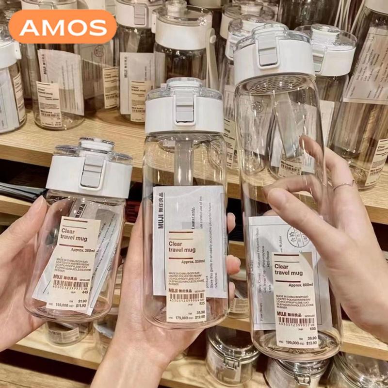  Bình nhựa đựnġ nước Muji trong suốt 350ml 550ml 800ml cao cấp có nắp chống tràn và quai đeo silicone 