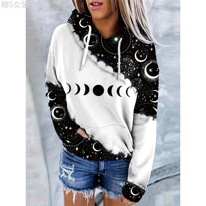 TikTok Shop Fashionable Moon Star Print Hoodie Color Block Design with Adjustable Drawstring Hood Roomy Kangaroo Pocket and Long Sleeves Super Soft Womens Casual Sweatshirt Fabric Womenswear Collar To...