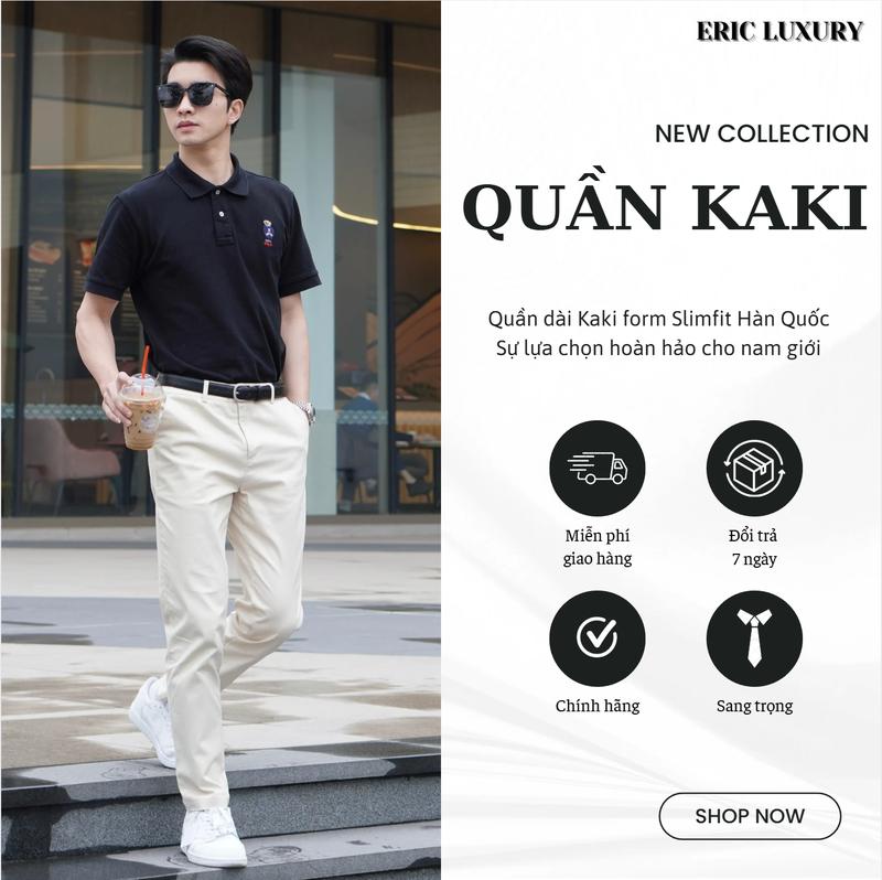 Quần Dài Kaki Nam Eric Luxury - Chất Vải Co Giãn, Mềm Mịn, Tôn Dáng, Thanh Lịch